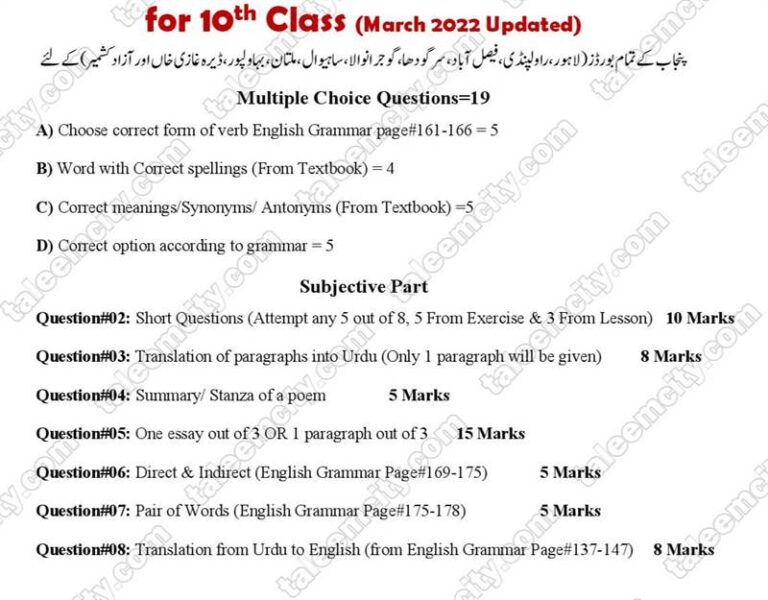 10th Class English Pairing Scheme 2023 Taleem City