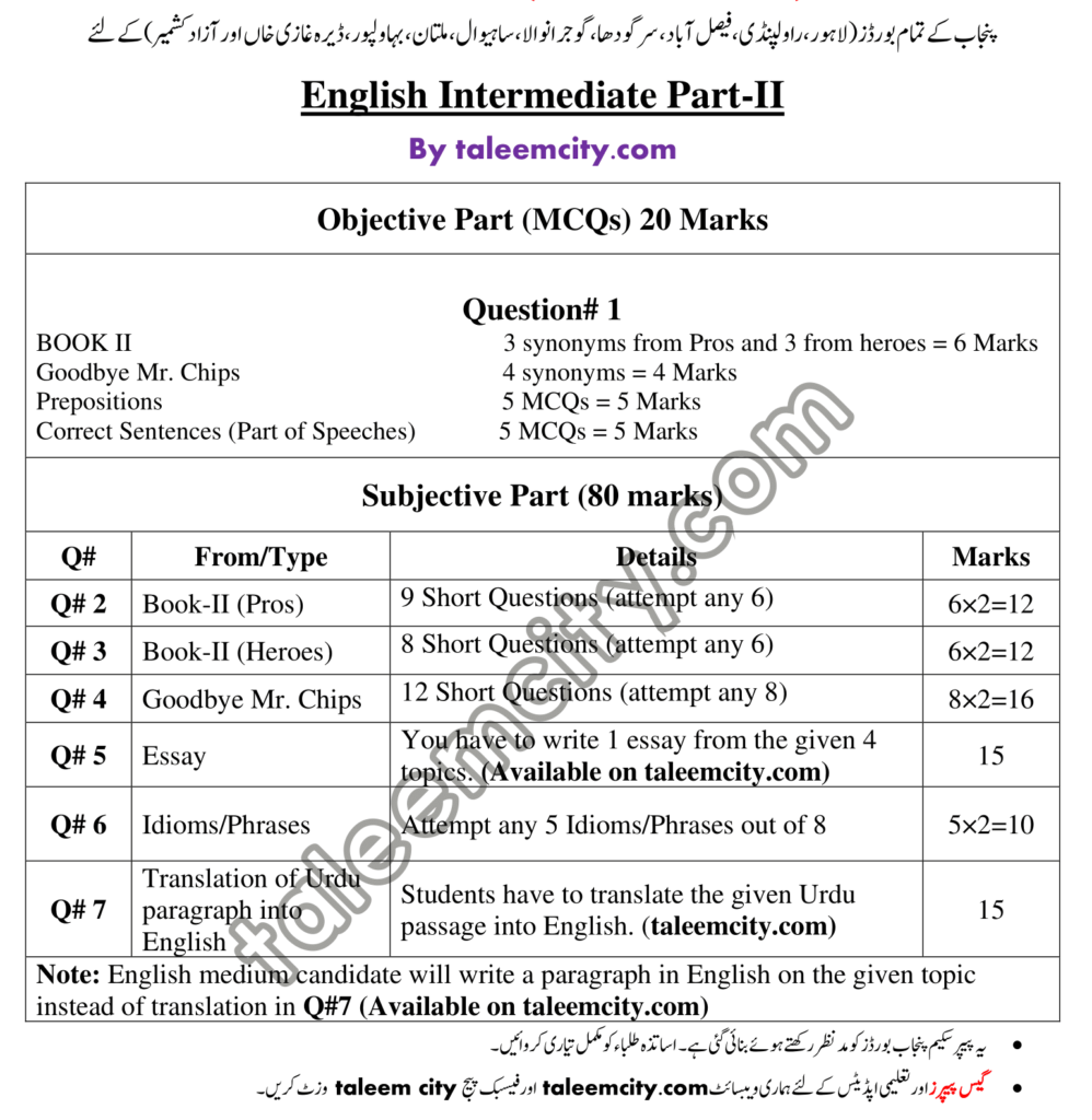 2nd Year English Pairing Scheme 2023 Punjab Boards