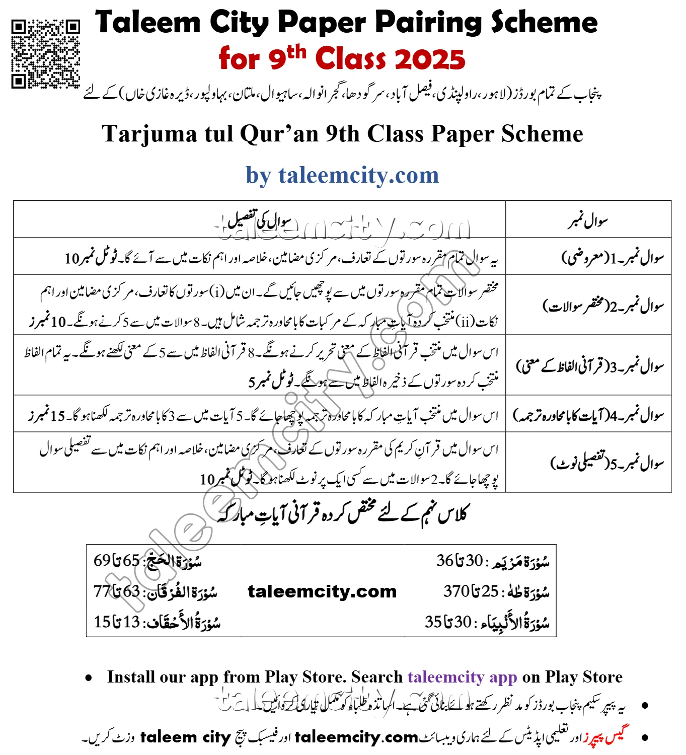 9th Class Tarjuma tul Quran Pairing Scheme 2025