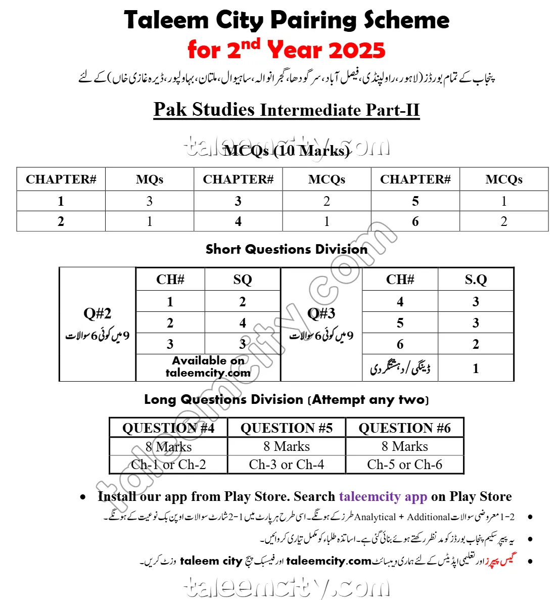 2nd Year Pak Study Pairing Scheme 2025