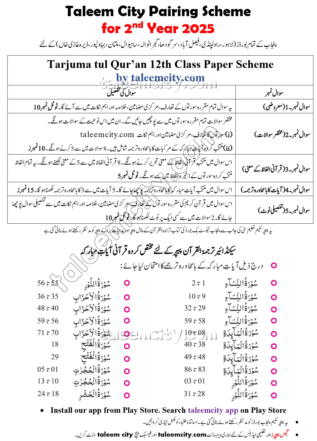 2nd Year Tarjuma Tul Quran Pairing Scheme 2025