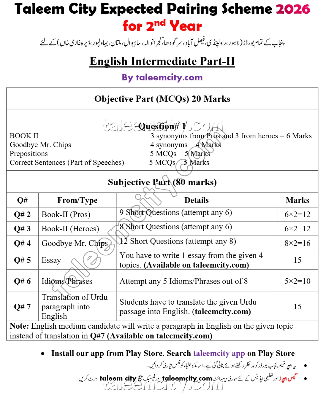 2nd Year English Pairing Scheme 2026