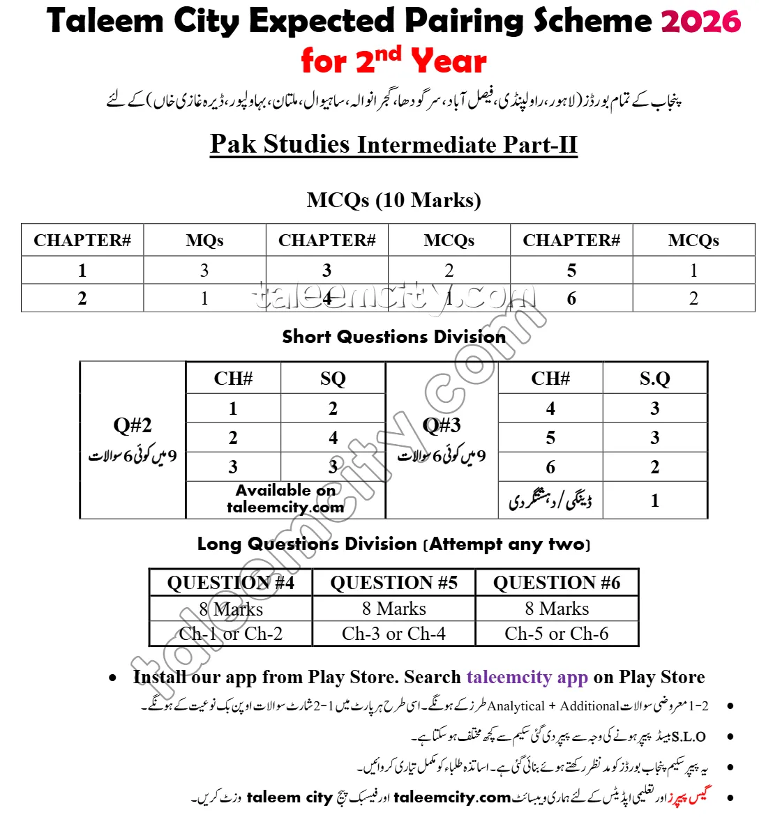 2nd Year Pak Study Pairing Scheme 2026