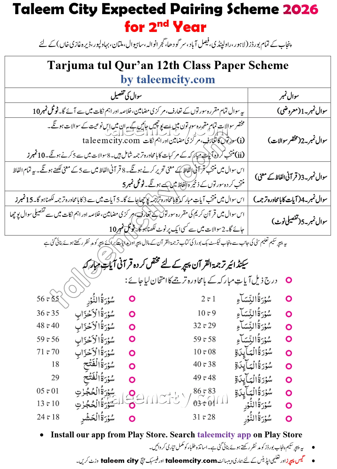 2nd Year Tarjuma Tul Quran Pairing Scheme 2026