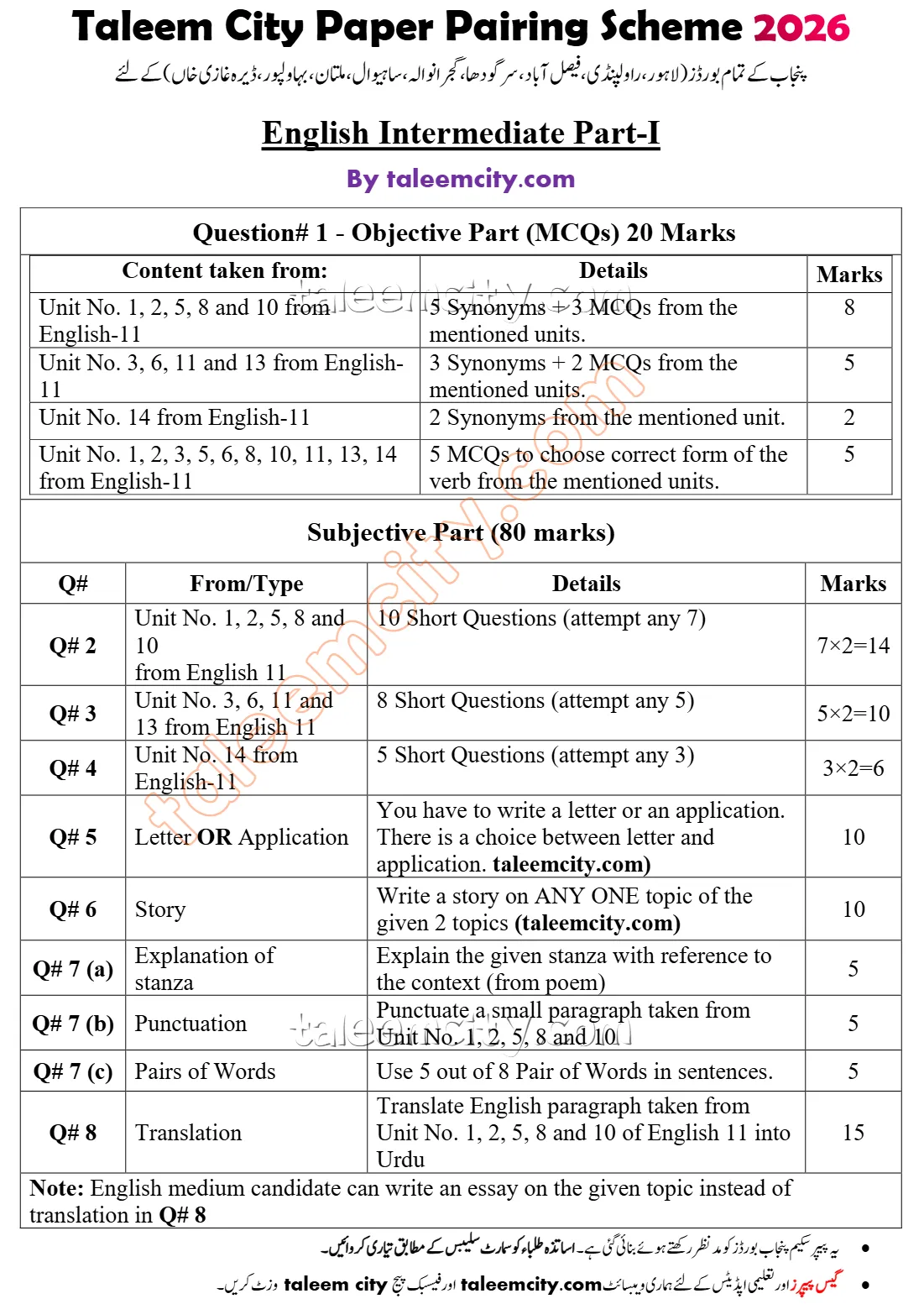 1st Year English Pairing Scheme 2026